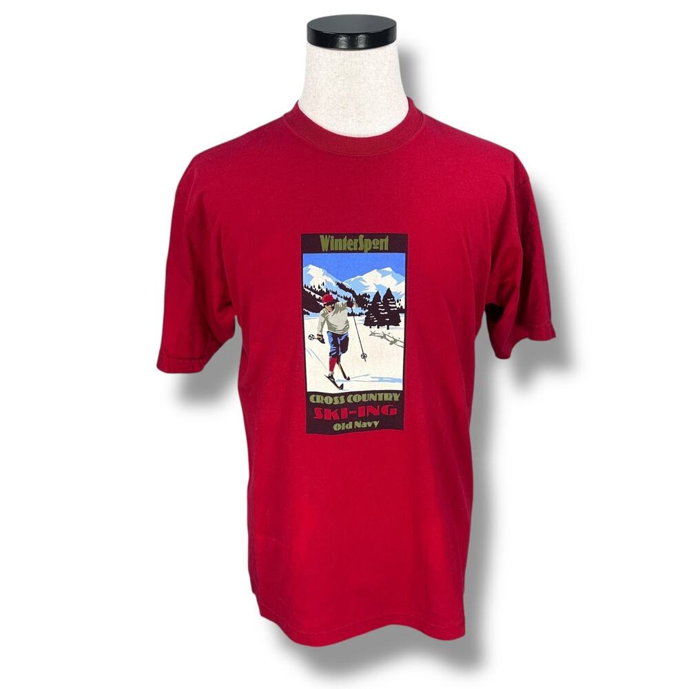 Vintage Old Navy Winter Sport Cross Country Skiing T-Shirt Men's Medium Red 90s
